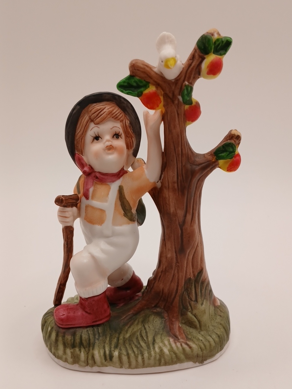 Ceramic Bisque Boy Figurine & Apple Tree
